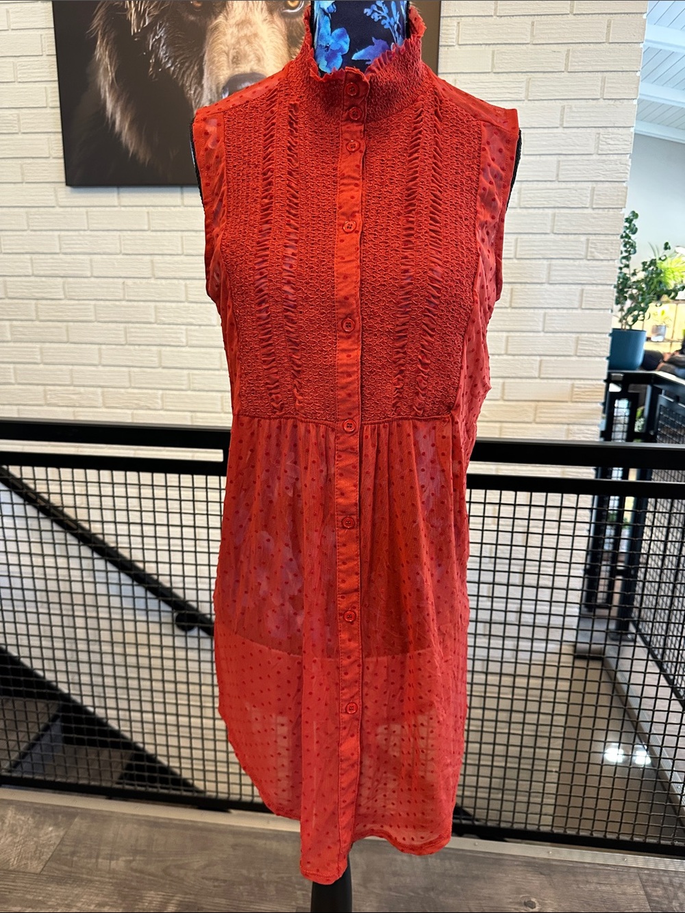 Sleeveless Red Button-Front Sheer Detailed Blouse